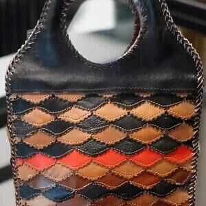 Chui African Vintage Leather Handbag. Patchwork Stitch 70s Purse. One‎ Of A Kind